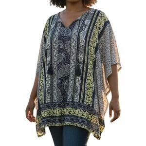 Catherines Tasseled Peasant Top Womens Size 14/16 Navy & Yellow Mixed Print Boho